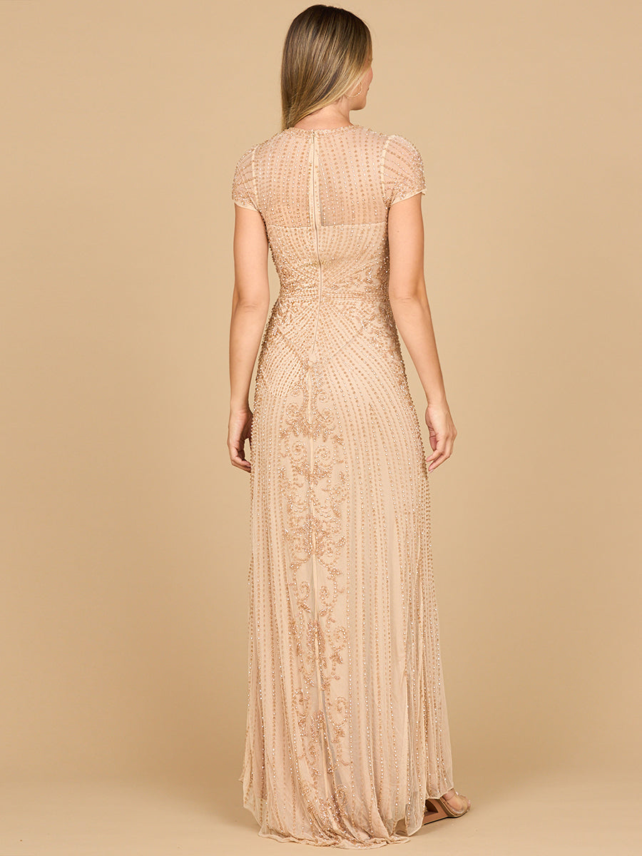 Beaded Cap Sleeve Illusion Plunge Gown