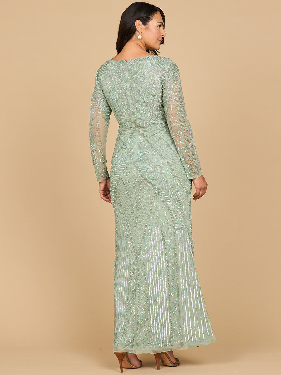 Long Sleeve Geometric Beaded Gown