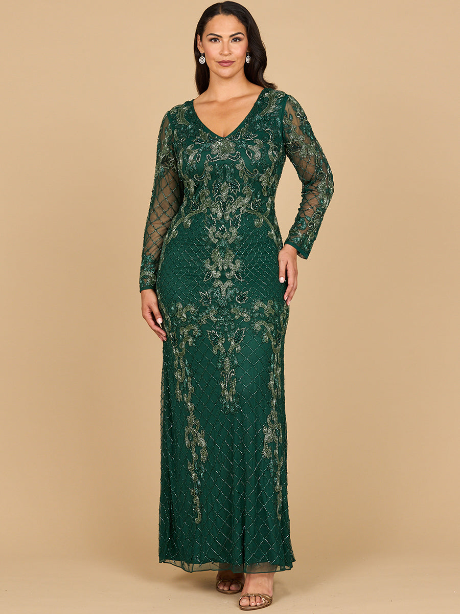 Lara 28877- Long Sleeve Contrast Beaded Gown – Petals And Promises Prom