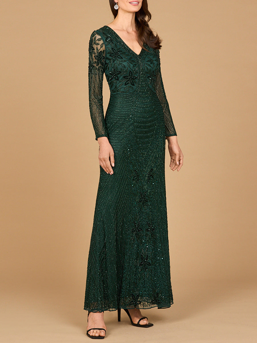 beaded evening dresses with sleeves Gold Beaded Long Sleeve Evening Dresses A-Line Boat Neck Pageant Dress –  Viniodress main image 1