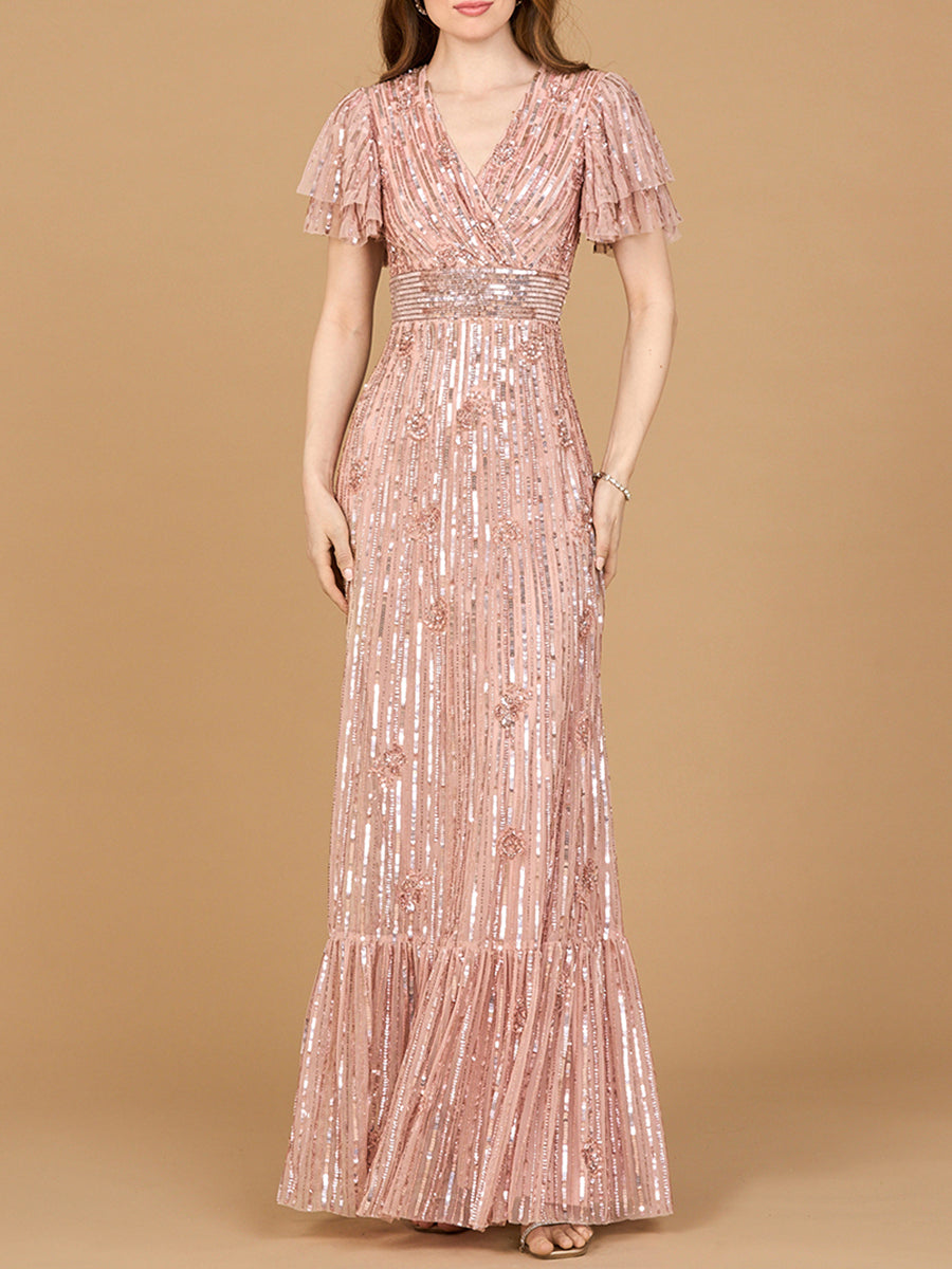 open lace back dress Elegant Beaded Gown with Flutter Sleeves – Petals And Promises Prom