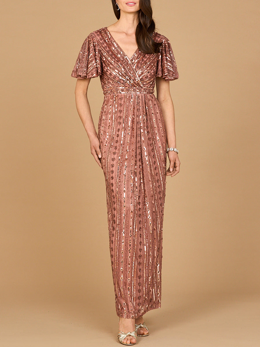 Fully Beaded Gown with Flutter Sleeves – Petals And Promises Prom