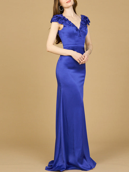 V-Neck, Satin Backed Crepe Gown