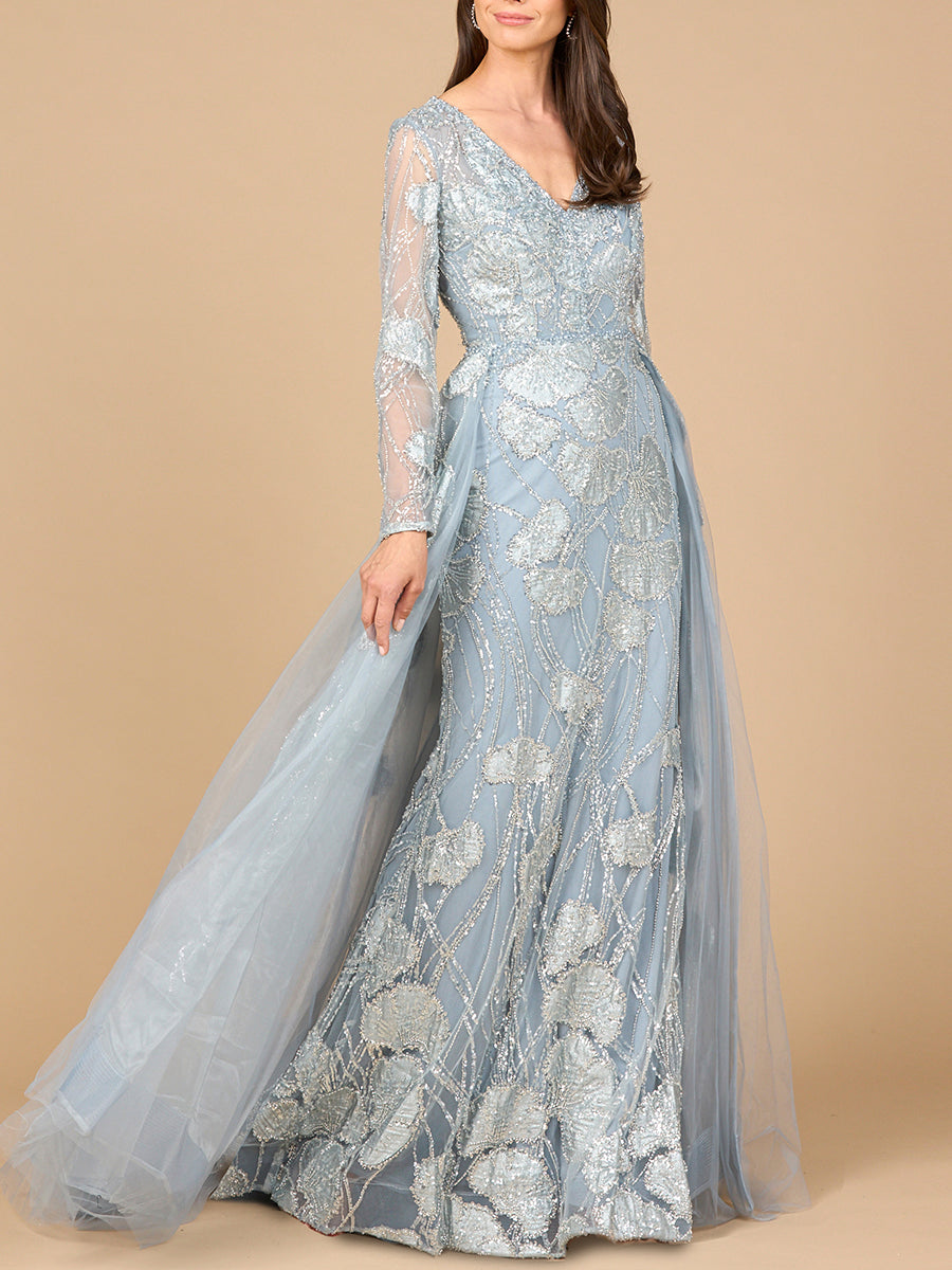 Long Sleeve Lace Gown with Overskirt Petals And Promises Prom Long Sleeve Lace Gown with Overskirt Petals And Promises Prom