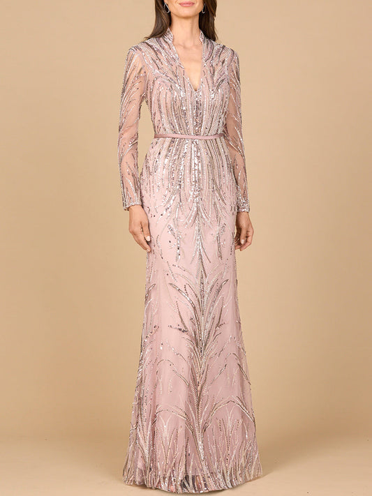 Mandarin V-Neck Gown with Long Sleeves