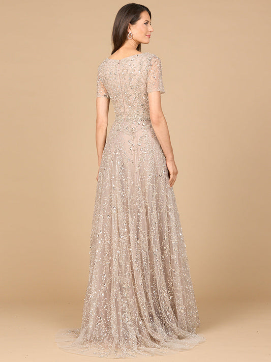 Short Sleeve V-Neck Beaded Ballgown