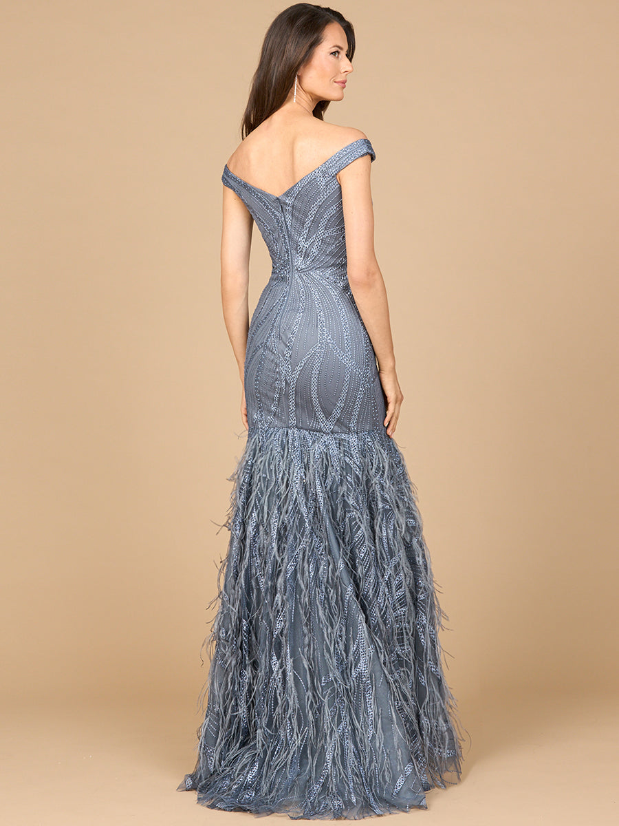 Off Shoulder Mermaid Beaded Gown with Feathers