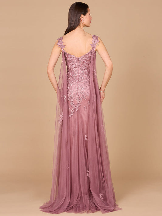 Embroidered Lace Gown with Flowing Capes