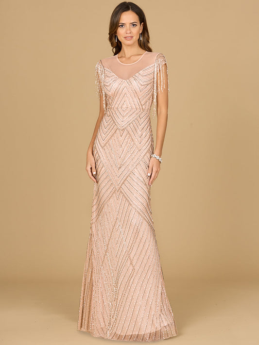 Beaded Fringe Illusion Dress with Cap Sleeves