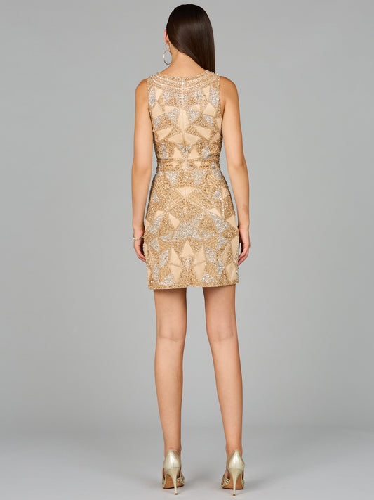 V-Neck Beaded Mini Dress with Closed Back and Fringes