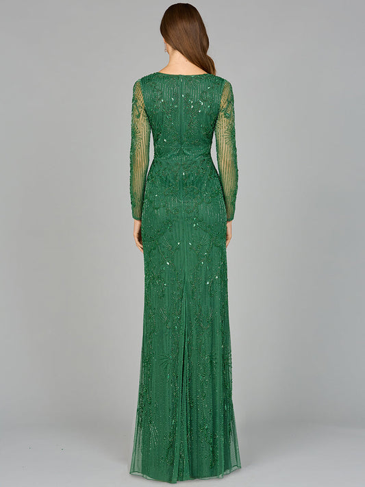 Elegant Long Sleeve Beaded Gown - OUTLET