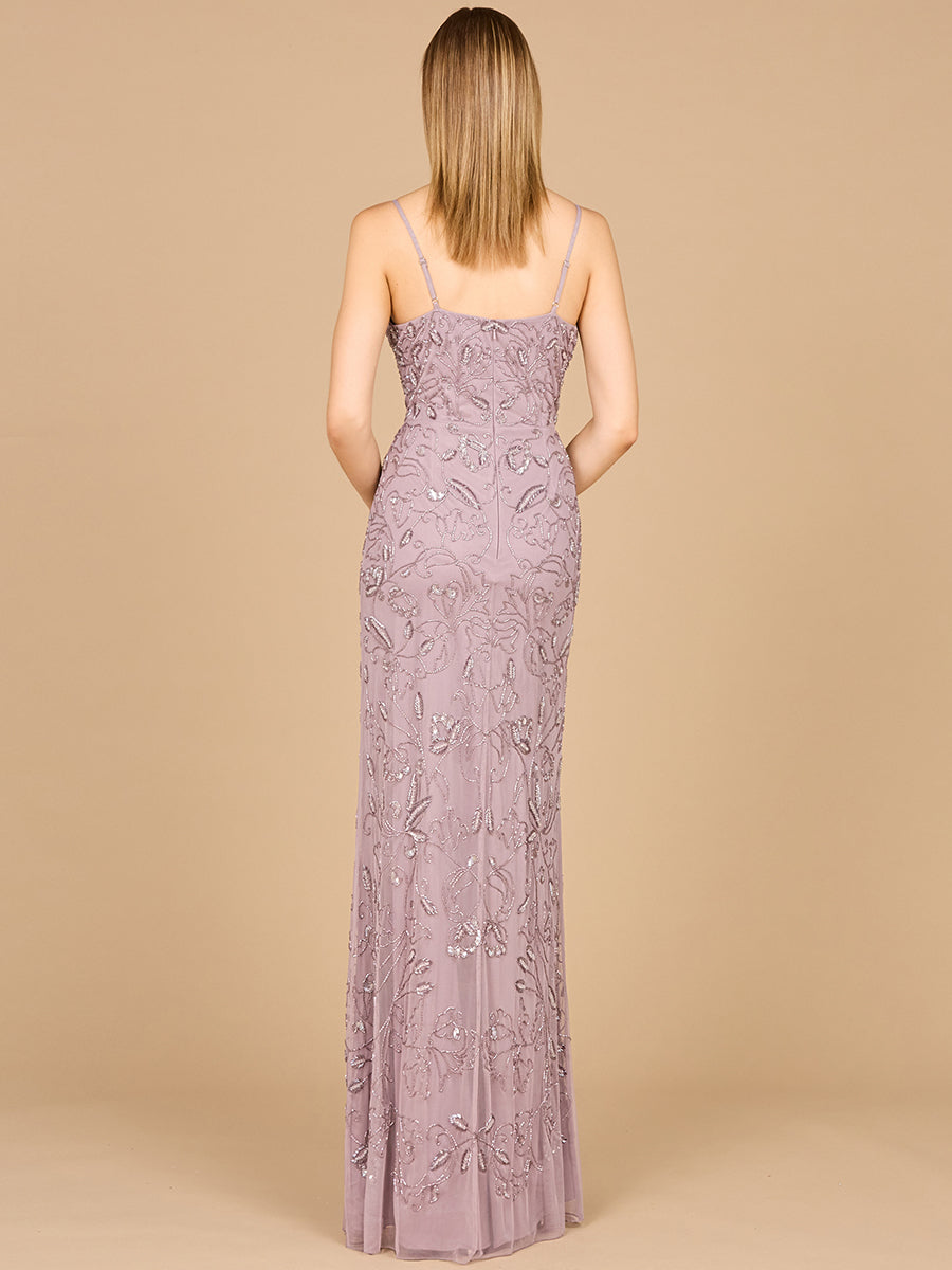 Embellished Gown with Slit And Spaghetti Straps - OUTLET