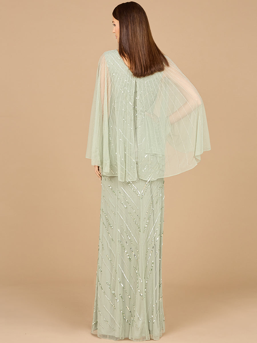 Long Cape Sleeves Beaded Dress - OUTLET