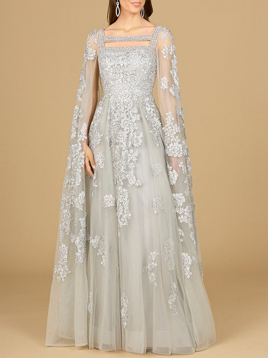 Lace Embroidered Gown with Long Cape Sleeves Petals And Promises Prom Lace Embroidered Gown with Long Cape Sleeves Petals And Promises Prom