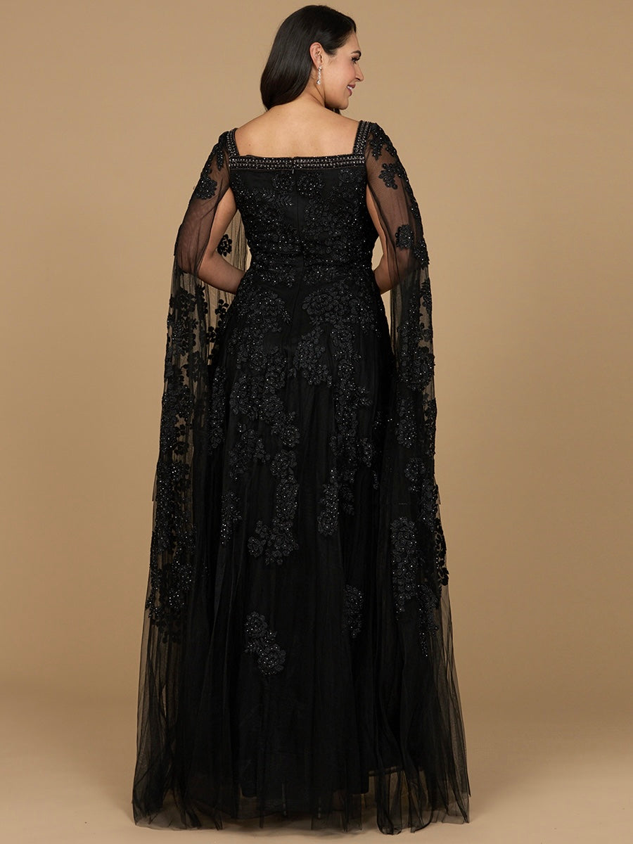 Lace Embroidered Gown with Long Cape Sleeves