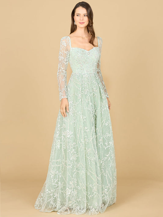Long Sleeve Beaded Lace Gown
