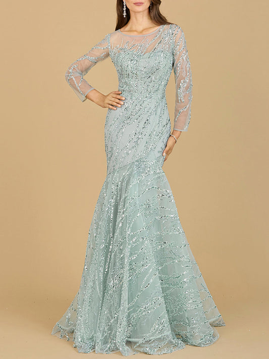 Long Sleeve Mermaid Beaded Gown