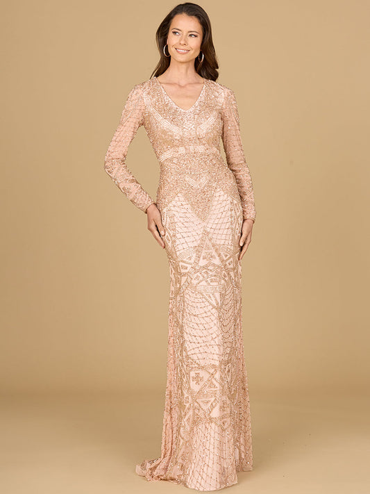Beaded Long Sleeve V-neck Gown