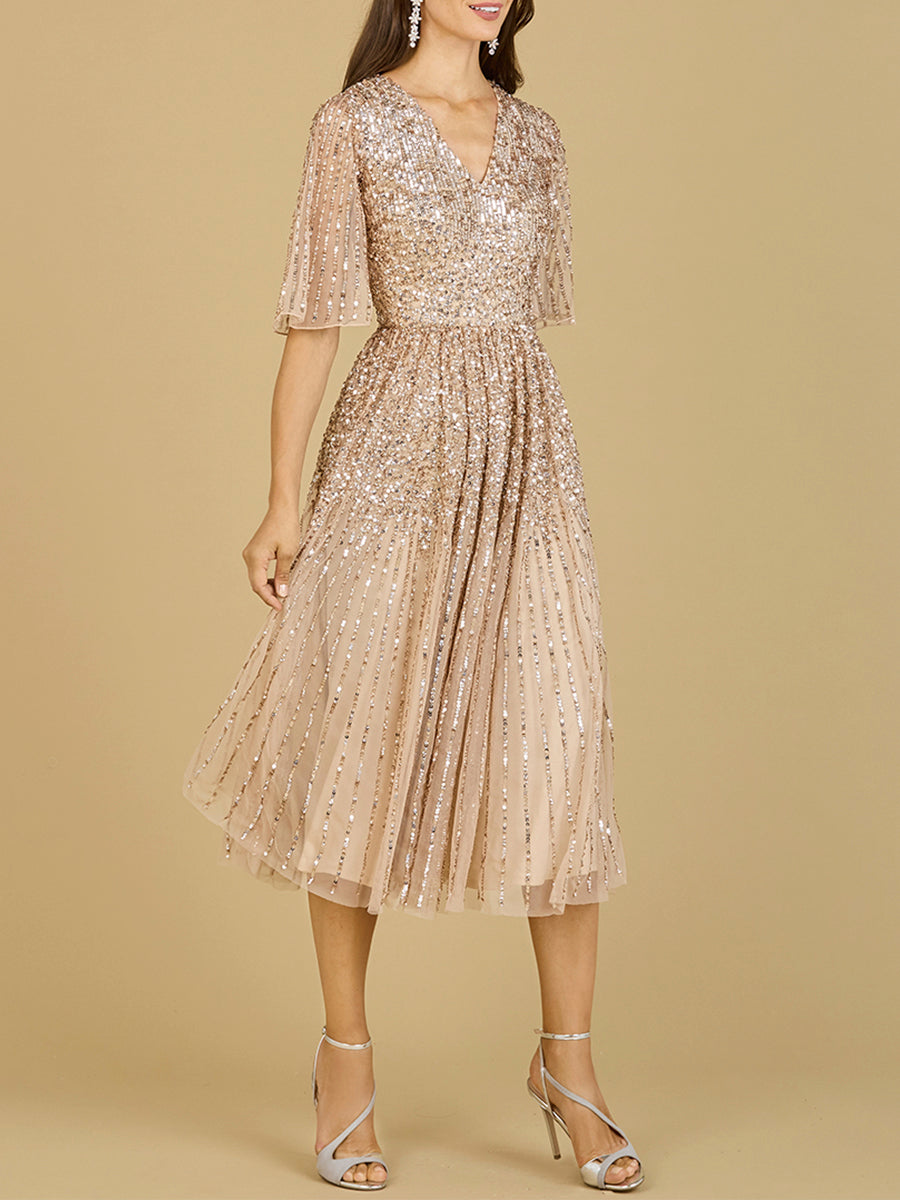Flowing, Sequin Midi Dress with Short Sleeves – Petals And Promises Prom