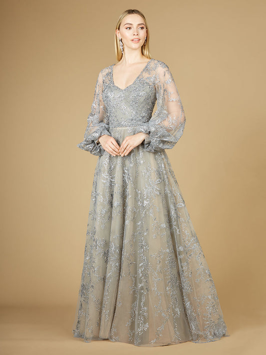 V Neckline Balloon Sleeve Gown