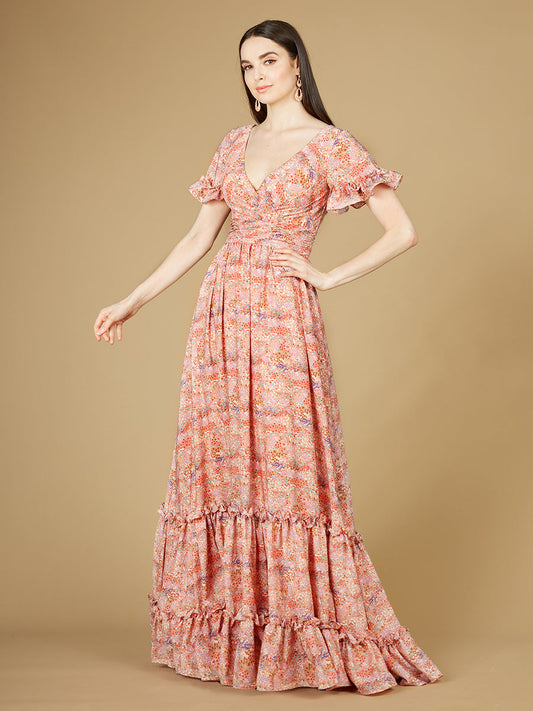 Long Print Gown with Cap Sleeves