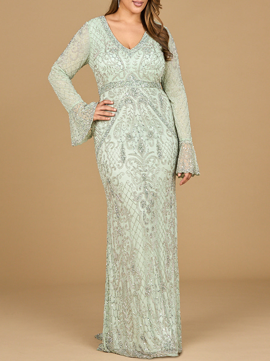 Long Bell Sleeve V-Neck Beaded Gown Petals And Promises Prom Long Bell Sleeve V-Neck Beaded Gown Petals And Promises Prom