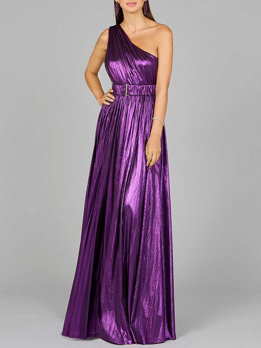 one sleeve metallic dress ASHLEYlauren 11896 One-Shoulder Metallic Jersey Gown