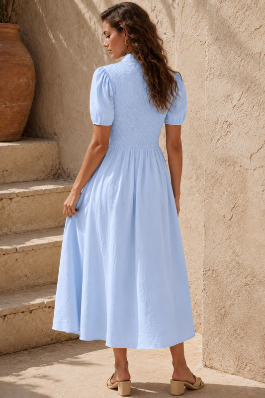 Jenna Smocked Collared Dress in Blue
