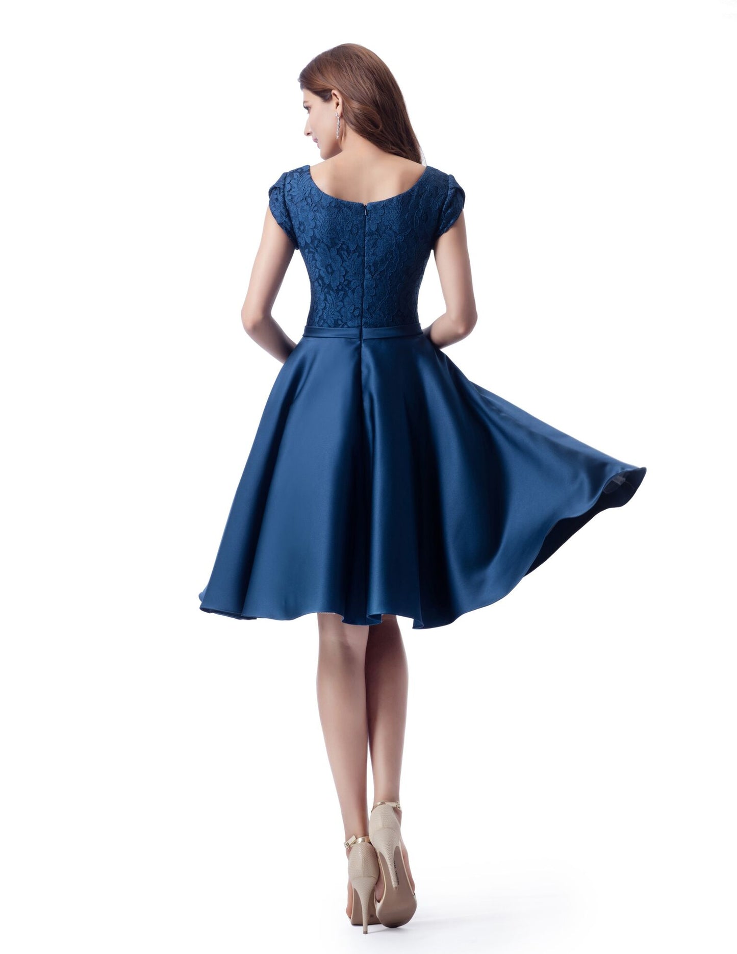 Blue Modest Lace and Satin Short Dress