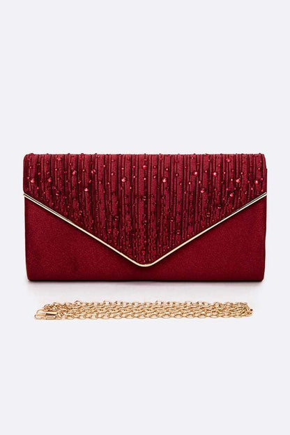 Crystal Pave Pleated Satin Clutch Bag