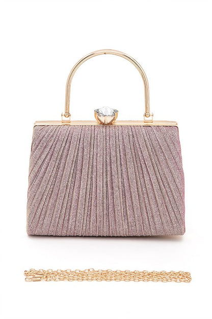 Diamond Clasp Top Handle Pleated Box Clutch