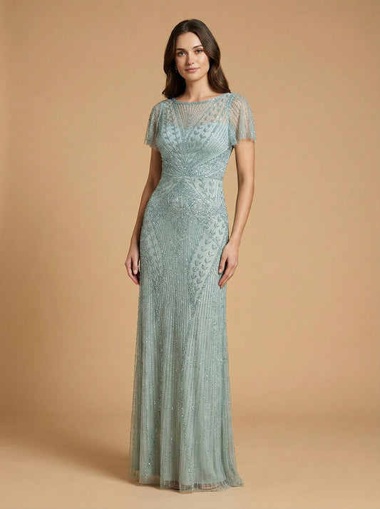Beaded Flutter Sleeve Gown