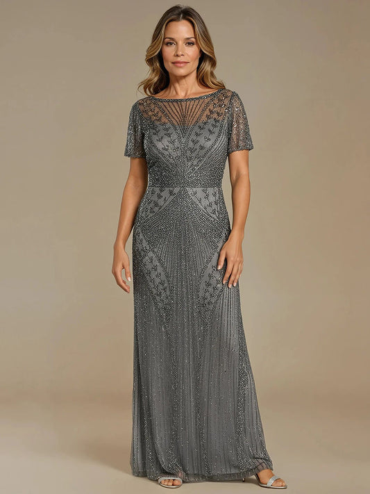 Beaded Flutter Sleeve Gown