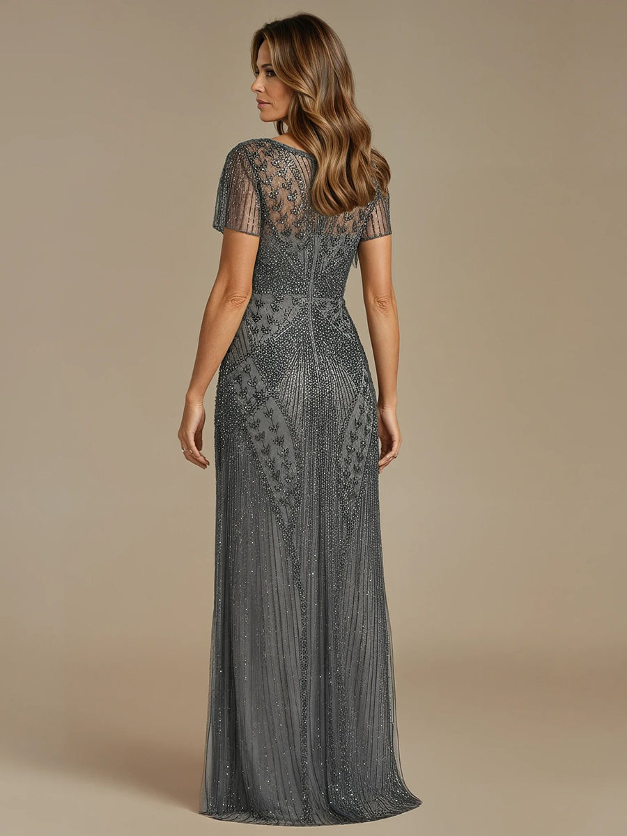 Beaded Flutter Sleeve Gown
