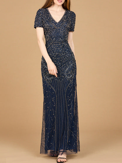 Short Sleeve Sheath Beaded Gown