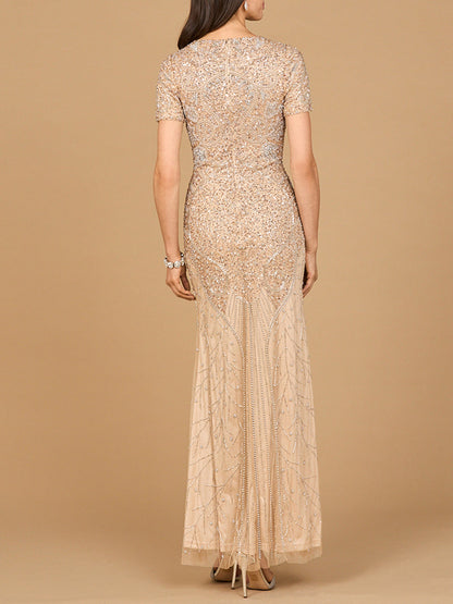 Short Sleeve Sheath Beaded Gown