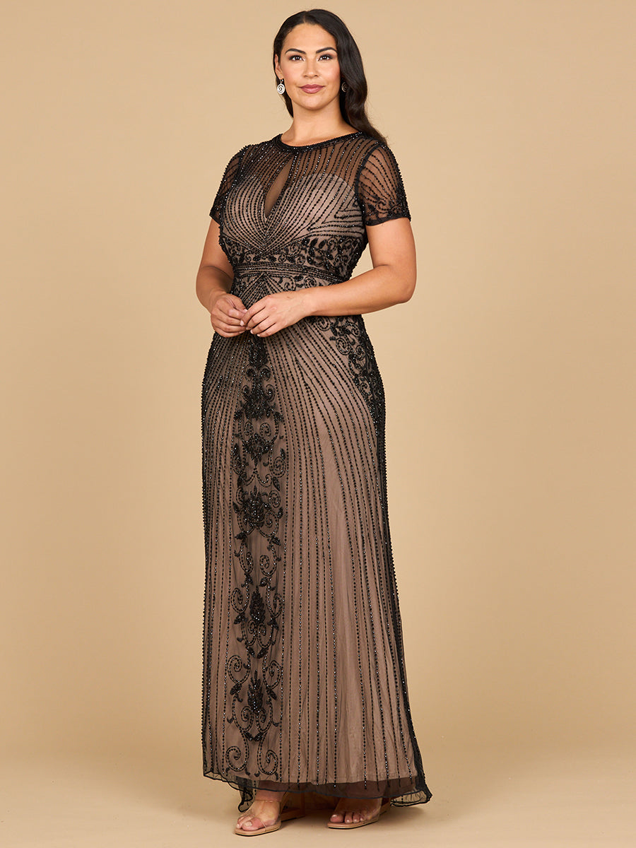 Beaded Cap Sleeve Illusion Plunge Gown