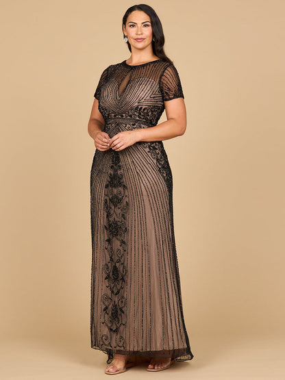 Beaded Cap Sleeve Illusion Plunge Gown