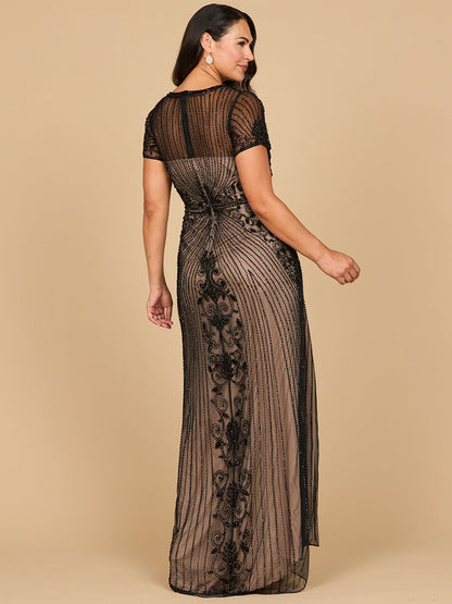 Beaded Cap Sleeve Illusion Plunge Gown