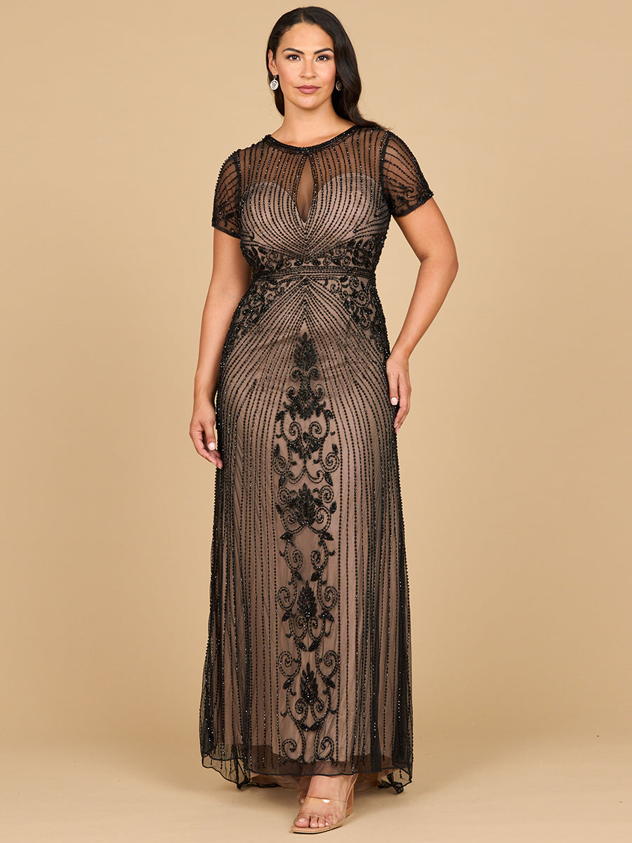 Beaded Cap Sleeve Illusion Plunge Gown