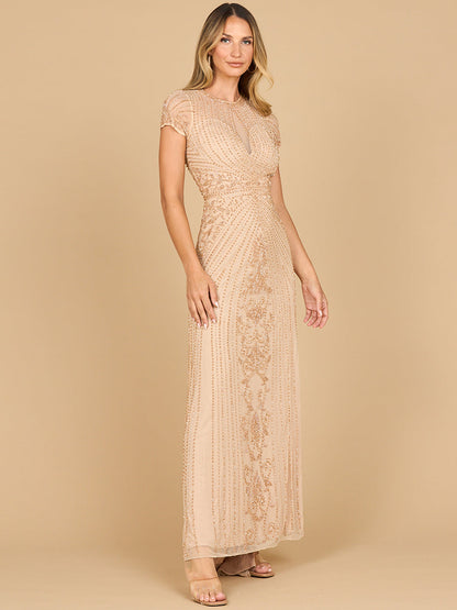 Beaded Cap Sleeve Illusion Plunge Gown