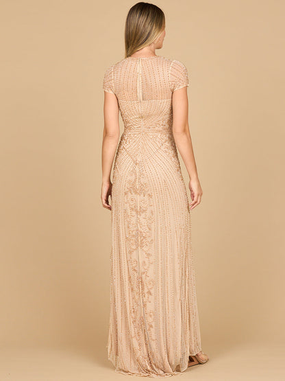 Beaded Cap Sleeve Illusion Plunge Gown