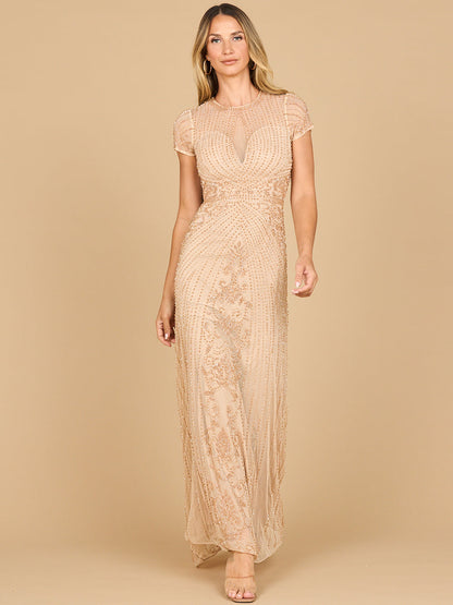 Beaded Cap Sleeve Illusion Plunge Gown