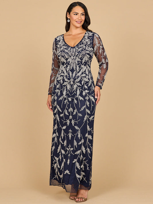 Lara 28870-  Long Sleeve Contrast Beaded Gown