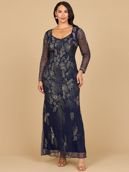 Long Sleeve Queen Anne Beaded Gown