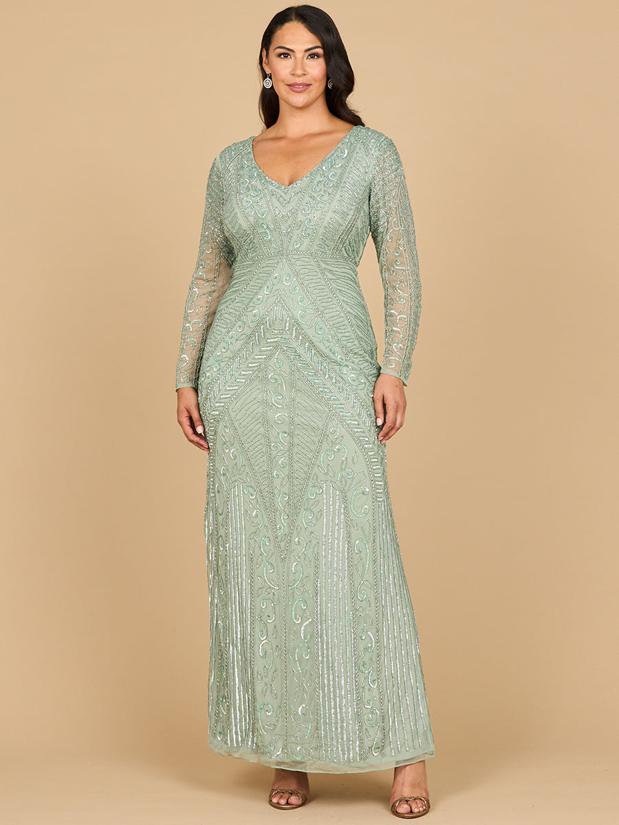 Long Sleeve Geometric Beaded Gown