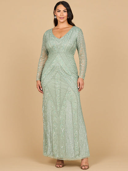 Long Sleeve Geometric Beaded Gown
