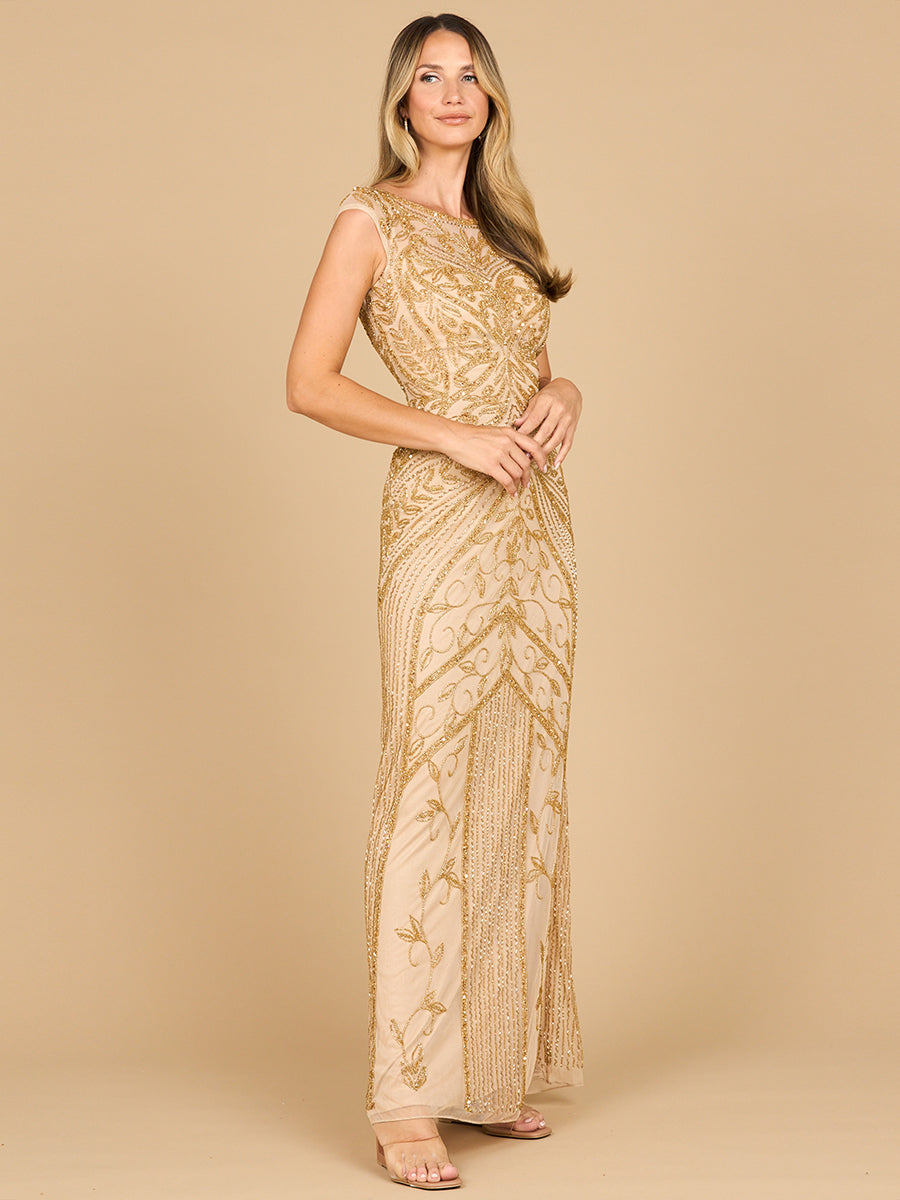 Modest Beaded Cap Sleeve Sheath Gown