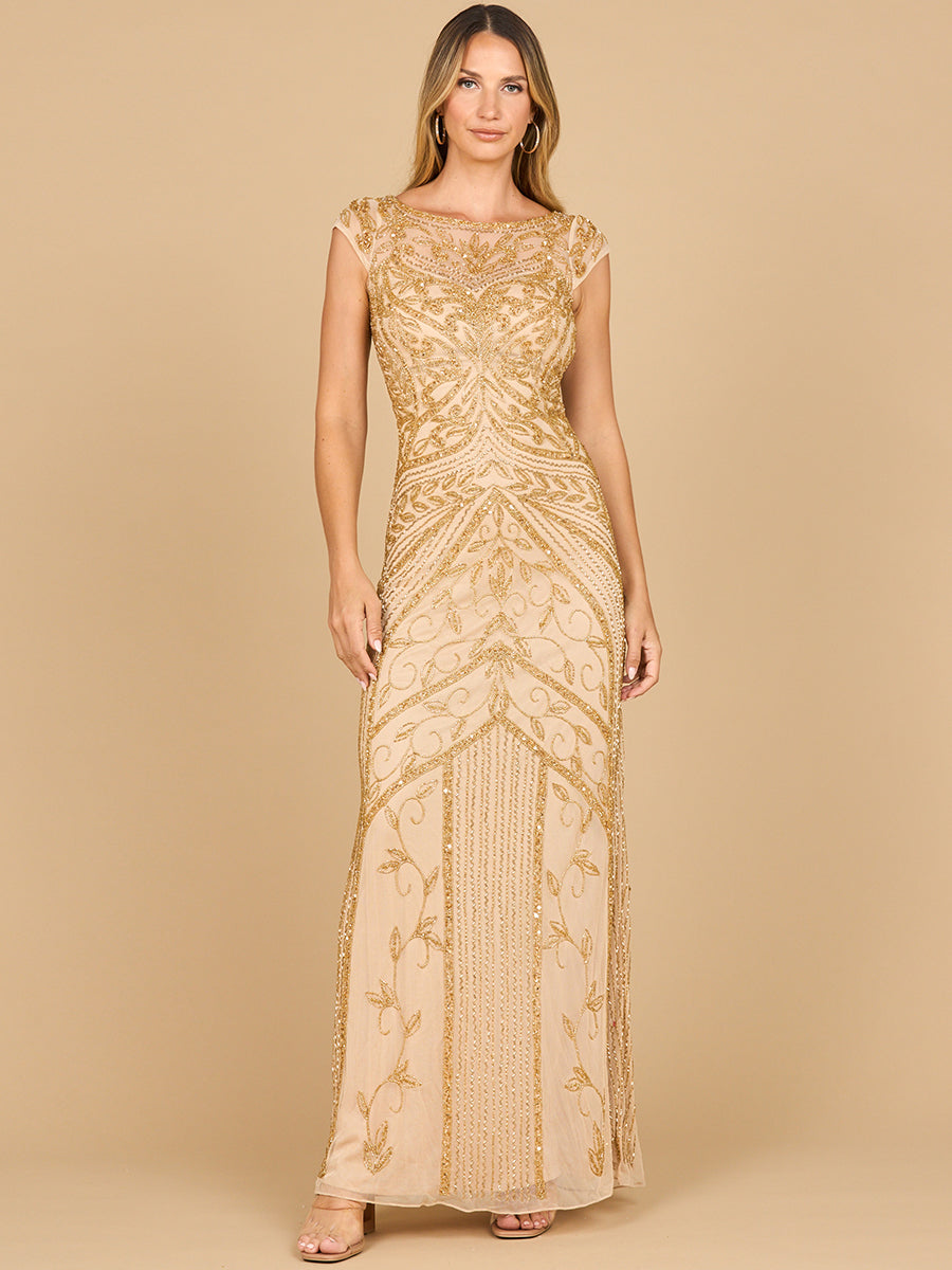 Modest Beaded Cap Sleeve Sheath Gown