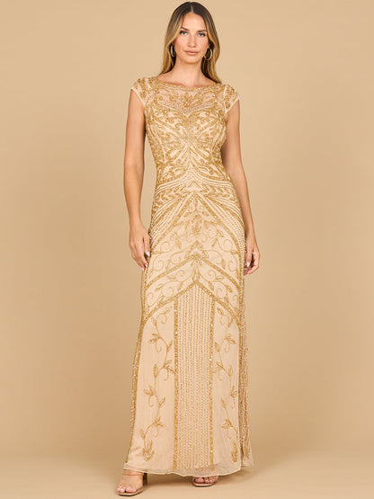 Modest Beaded Cap Sleeve Sheath Gown